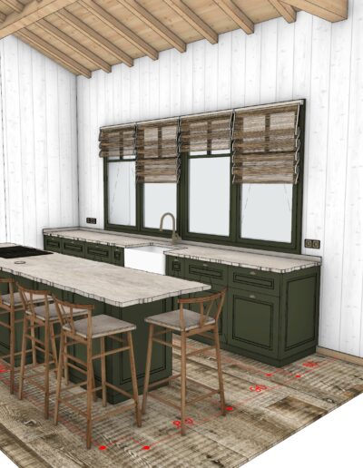 Agencement et études 3D de la cuisine. Lambris blanc au mur. Parquet au sol. Meuble de cuisine verts.