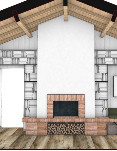 Agencement et études 3D du salon avec cheminée. Lambris blanc au mur. Parquet au sol.