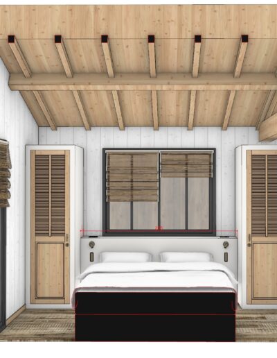 Agencement et études 3D d'une chambre. Lambris blanc au mur. Parquet au sol.