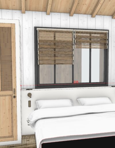 Agencement et études 3D d'une chambre. Lambris blanc au mur. Parquet au sol.