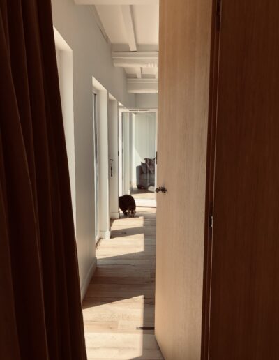Enfilade de fenêtre derrière une porte sous tenture.